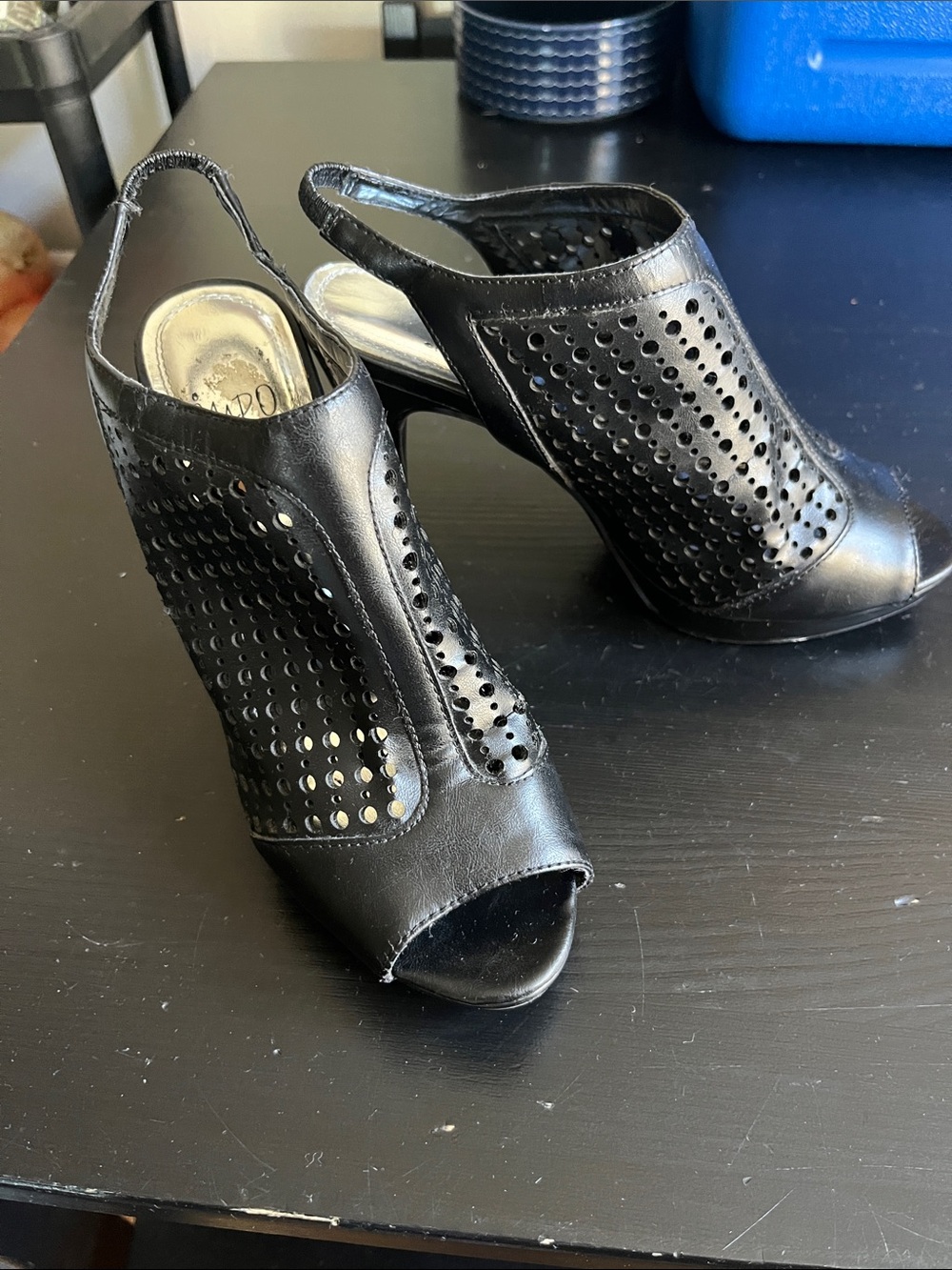 Impo Black Perforated Peep-Toe Slingback Heels